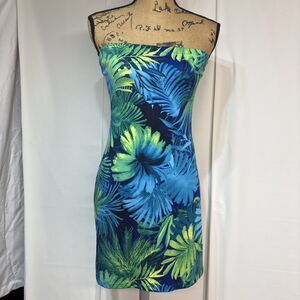finesse usa vtg womens strapless mini dress blue/ green size L 80's Y2k